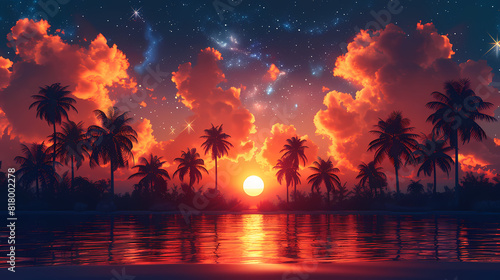 3d illustration silhouette of palm trees on a colorful  star filled sky background with the sun