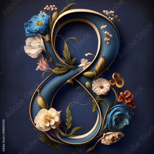 Beautiful floral number eight on dark blue background. 3D rendering photo