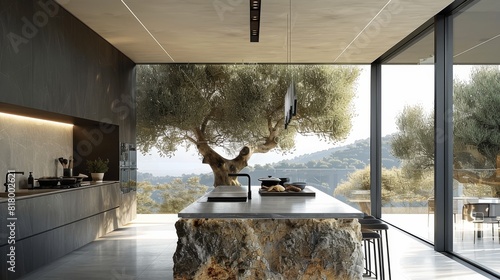 Super modern high equipped kitchen with grey rock main table island in the center with olive tree looking on the outside. Generative AI.