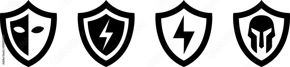 Vector Shield Icons with Alien, Lightning Bolt, and Spartan Helmet Designs Vector Shield Icons with Alien, Lightning Bolt, and Spartan Helmet Designs