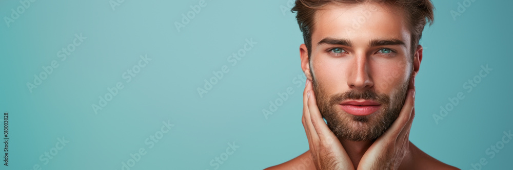 Obraz premium Man with hands on face on blue background