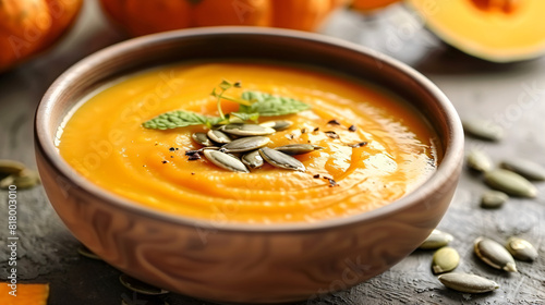 Bowl with delicious pumpkin cream soup and seeds