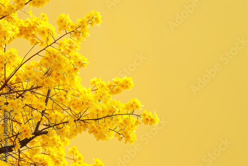 A branch adorned with vibrant yellow flowers stands out against a matching yellow background. The blossoms are abundant and bright