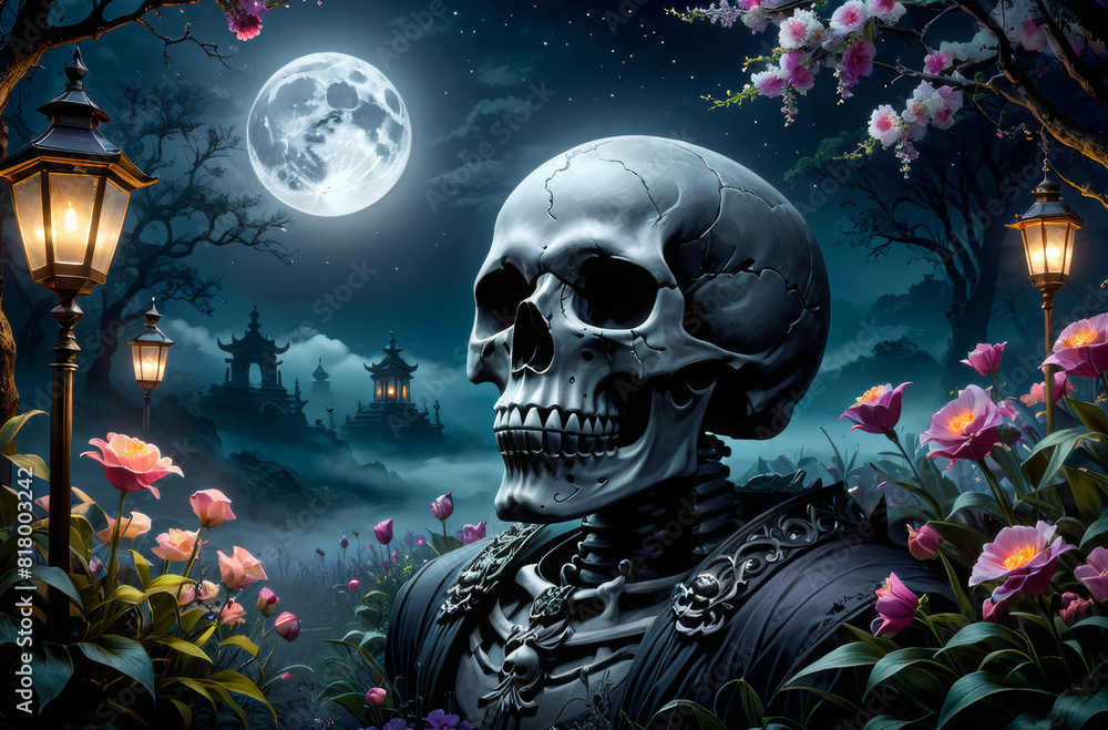 A gloomy night with a big moon, a skull and flowers. A gloomy night with a big moon, a skull and flowers.