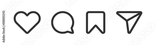 Message, like, send, save icon set. Social media button. Follow, heart, comment, share app interface.