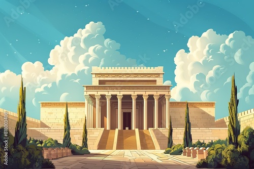 A minimalist illustration of the Temple of Solomon, characterized by simple and clean lines that convey a sense of grandeur and magnificence, with a focus on the architectural details photo