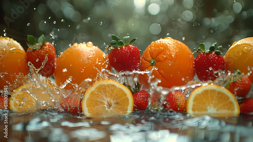 A lot of oranges  apples  strawberries falling into water in slow motion