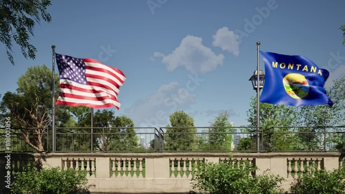 Modellazione 3D di balcone storico con bandiere USA e Montana photo