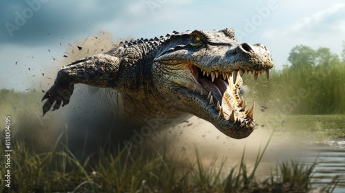 Aggressive Crocodile Jumping in the Field Wallpaper Image