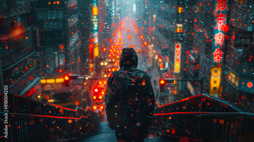 A person in a hoodie walking on stairs in the city. Anime wallpaper. Generative AI 