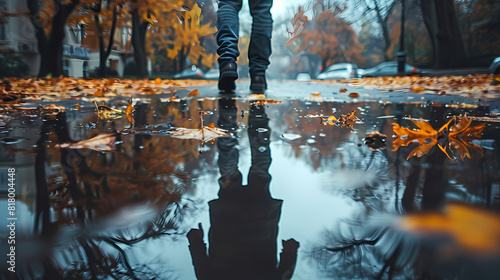 A person walking on a street. Reflection in a puddle.