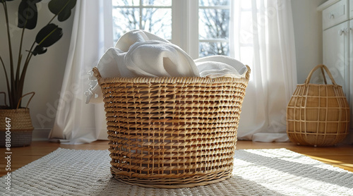 Laundry basket, white carpet. Generative AI. photo