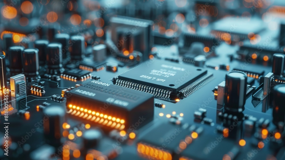Detailed industrial scene showing the assembly of electronic devices and circuit boards, showcasing precision and technology Detailed industrial scene showing the assembly of electronic devices and circuit boards, showcasing precision and technology