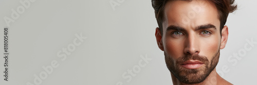 Handsome male model with beard on grey photo