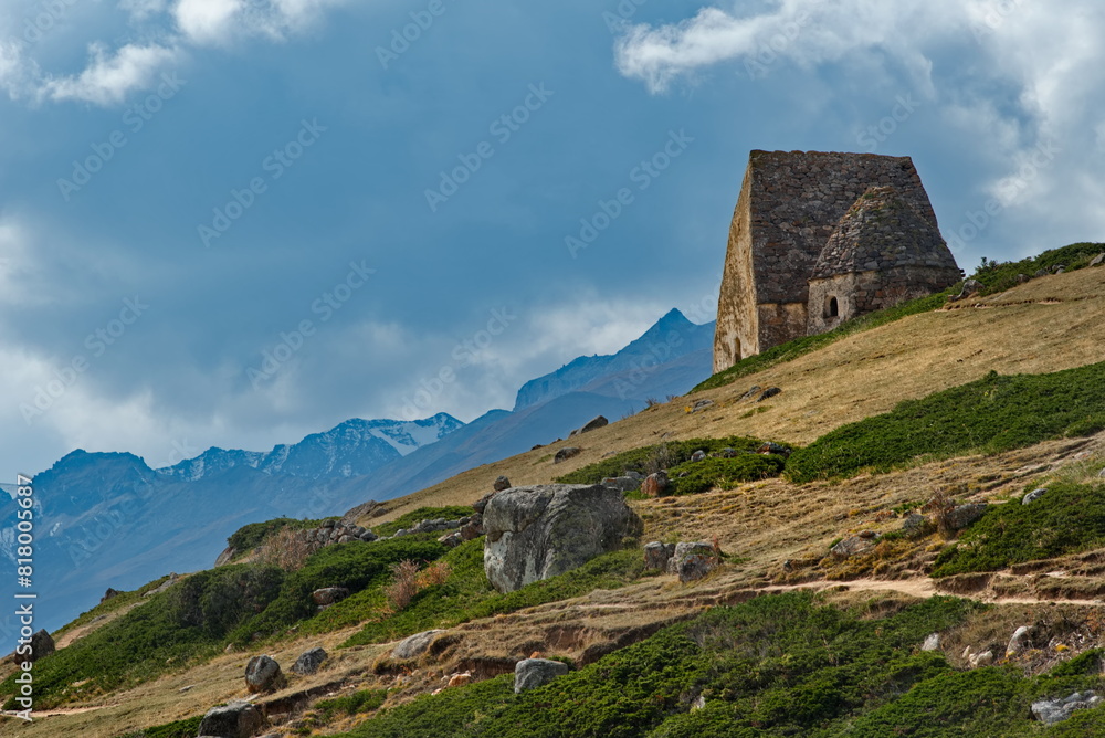 Russia. North Caucasus, Kabardino-Balkaria. A picturesque panorama of stone crypts in the City of the Dead of the XI century near the village of Eltyub in the Chegem gorge.