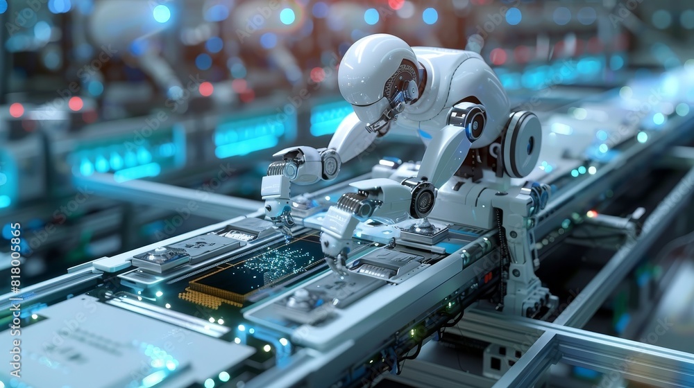 Obraz premium Futuristic concept of a fully automated electronics manufacturing line, with AI-controlled robots and minimal human intervention