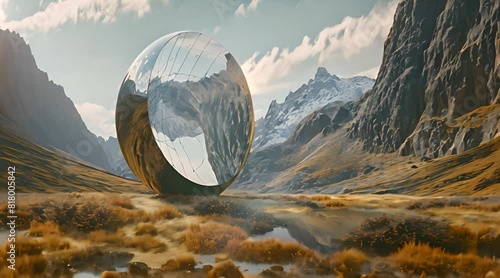 Surreal landscape with a reflective sphere in mountainous terrain, surrounded by grasses, colorful foliage, and mountains under a partly cloudy sky. photo