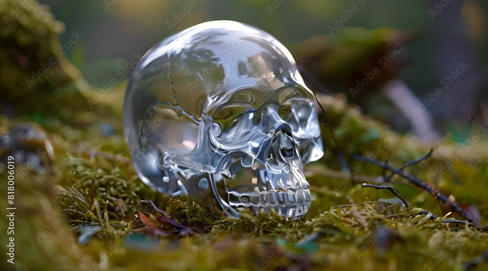 A crystal skull resting on a bed of moss and leaves in a forest, reflecting its surroundings. The scene is both eerie and ethereal. A crystal skull resting on a bed of moss and leaves in a forest, reflecting its surroundings. The scene is both eerie and ethereal.