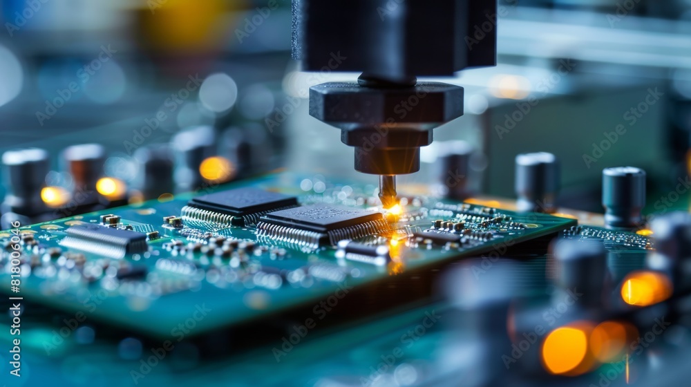 High-tech electronic device factory, focusing on the production of intricate circuit boards, captured in industrial settings High-tech electronic device factory, focusing on the production of intricate circuit boards, captured in industrial settings
