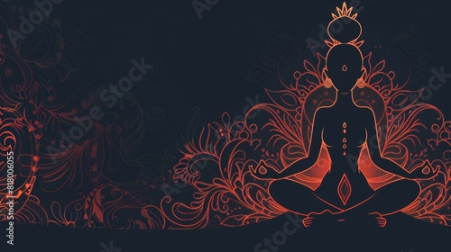 A woman is sitting in a lotus position on a black background. She is meditating with her legs crossed and her hands resting on her knees