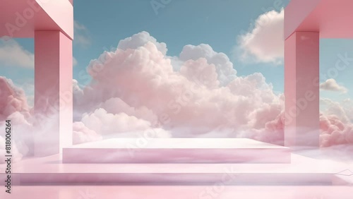 Background podium pink 3d product sky platform display cloud pastel scene render stand. Pink podium stage minimal abstract background beauty dreamy space studio pedestal smoke showcase geometric white