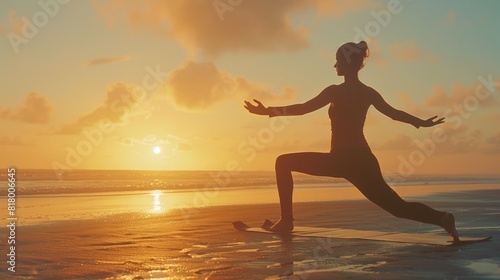 A silhouette of a young woman performing yoga poses on the sandy beach as the sun sets in the background