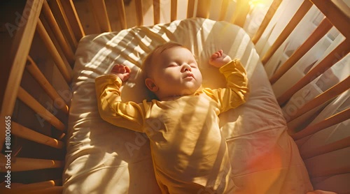 A peaceful baby in a yellow outfit sleeps in a wooden crib, illuminated by warm sunlight streaming through a window.
