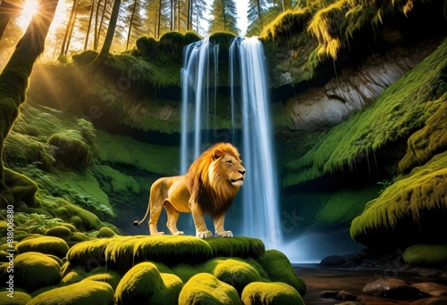 lion sitting by waterfall (348) photo