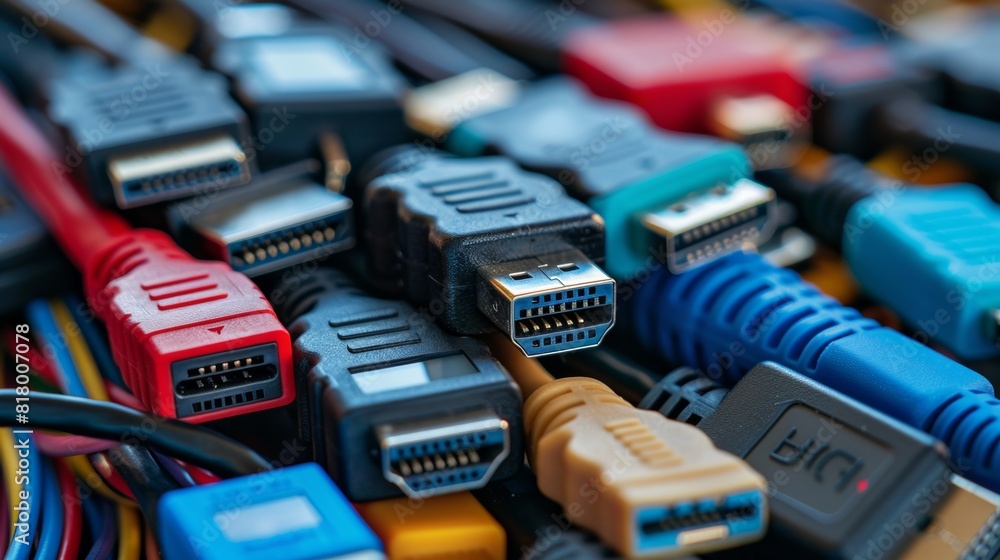 A close-up of HDMI, USB, and other connector cables. A close-up of HDMI, USB, and other connector cables.