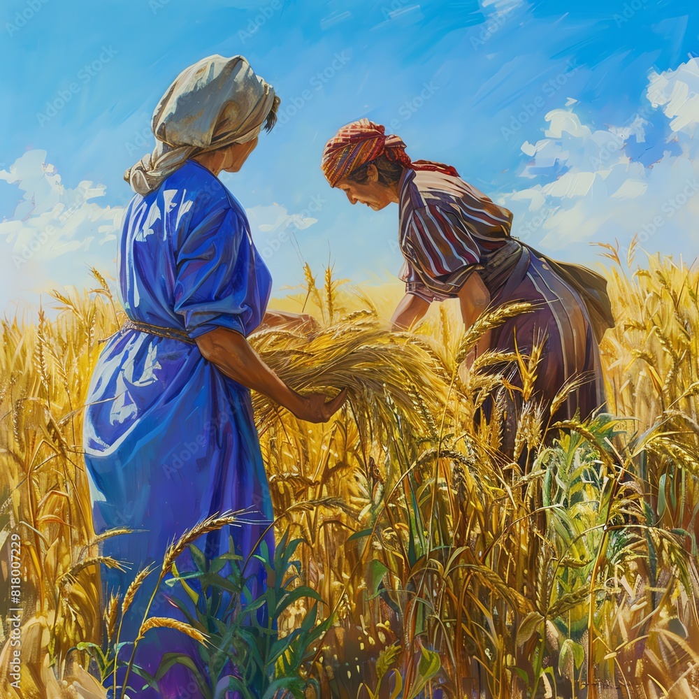 Two women in a field of wheat. The women are wearing traditional ...