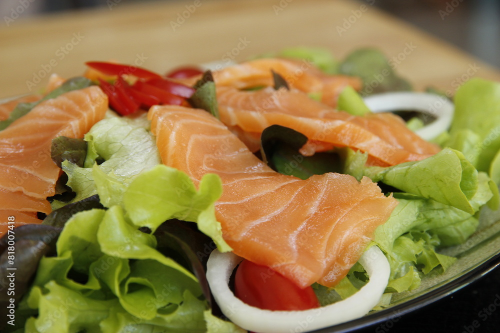 salmon with salad and lemon Salmon steak: smoked salmon: salmon sushi salmon with salad and lemon Salmon steak: smoked salmon: salmon sushi