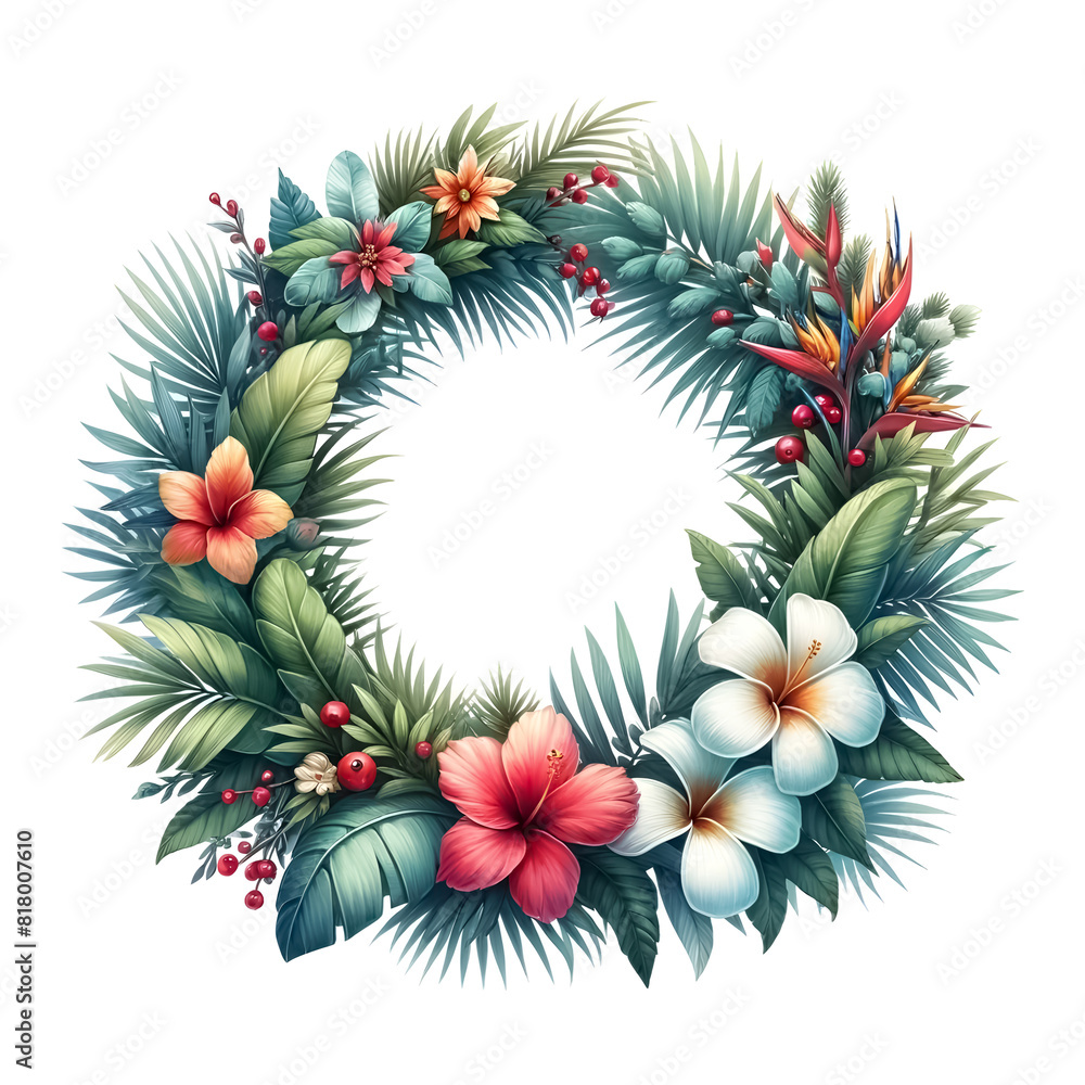 An illustration for Christmas in July, Christmas wreath with tropical flowers, rendered in watercolor style. An illustration for Christmas in July, Christmas wreath with tropical flowers, rendered in watercolor style.