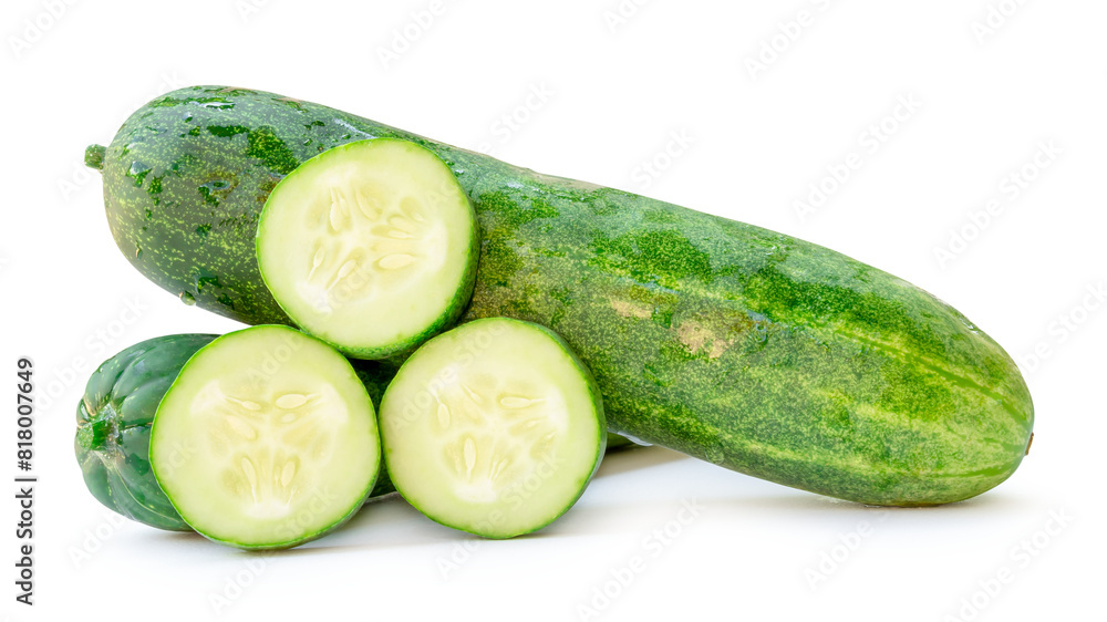 Front view or side view of fresh green cucumber with slices or pieces in stack isolated with clipping path and shadow in png file format Front view or side view of fresh green cucumber with slices or pieces in stack isolated with clipping path and shadow in png file format