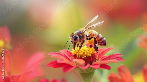 A bee pollinating a red flower.