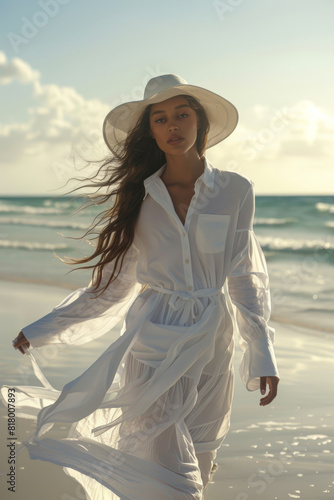 A woman dressed in a white dress and hat is walking along the sandy beach with the ocean in the background on a sunny day. She appears relaxed and enjoying the stroll by the waters edge.