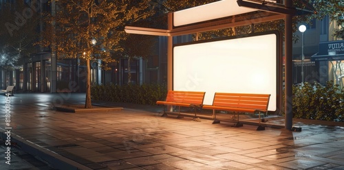 digital billboard mockup, blank white screen at a modern bus stop in a city street at night, an orange bench near the glass, side view,