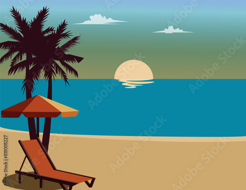 Sunset summer tropical beach with palm trees and sea