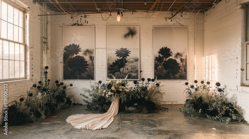 Minimalist wedding interior with blank posters and beautiful black flowers on the walls