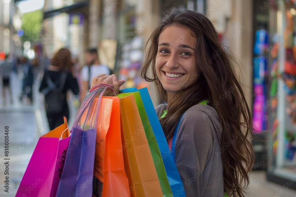 Happy woman showing off her shopping bags filled with best sale deals. Happy woman showing off her shopping bags filled with best sale deals.