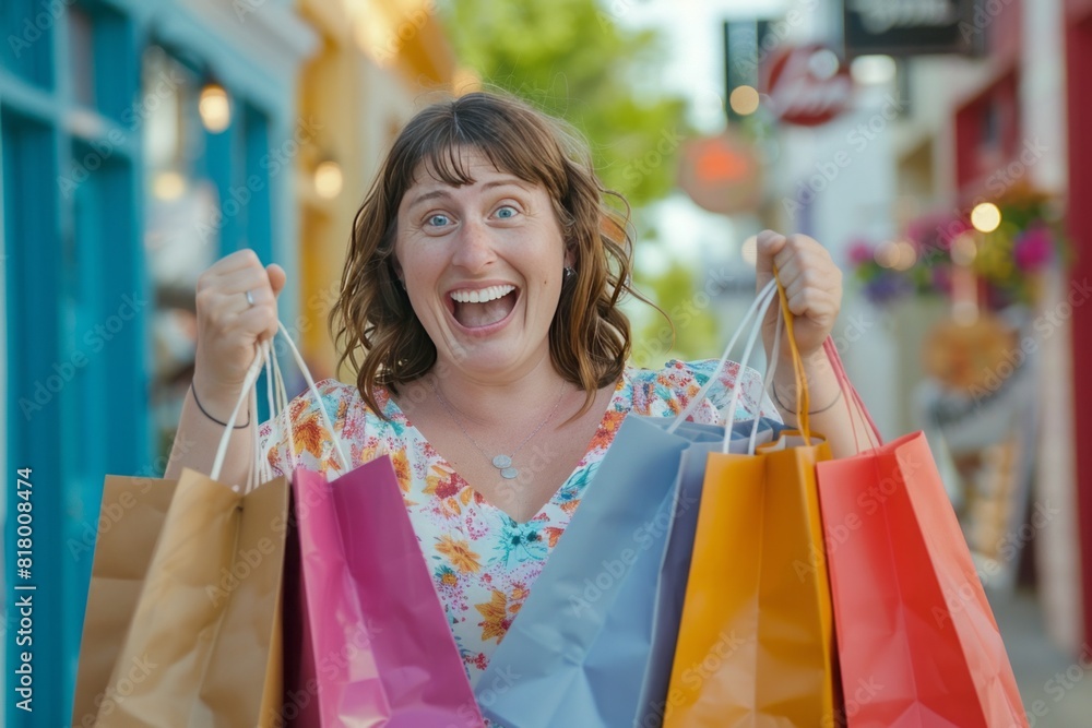 Happy woman showing off her shopping bags filled with best sale deals. Happy woman showing off her shopping bags filled with best sale deals.