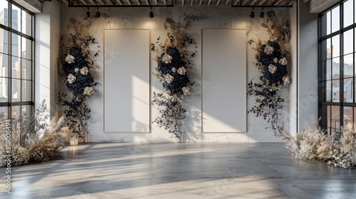 Minimalist wedding interior with blank posters and beautiful black flowers on the walls