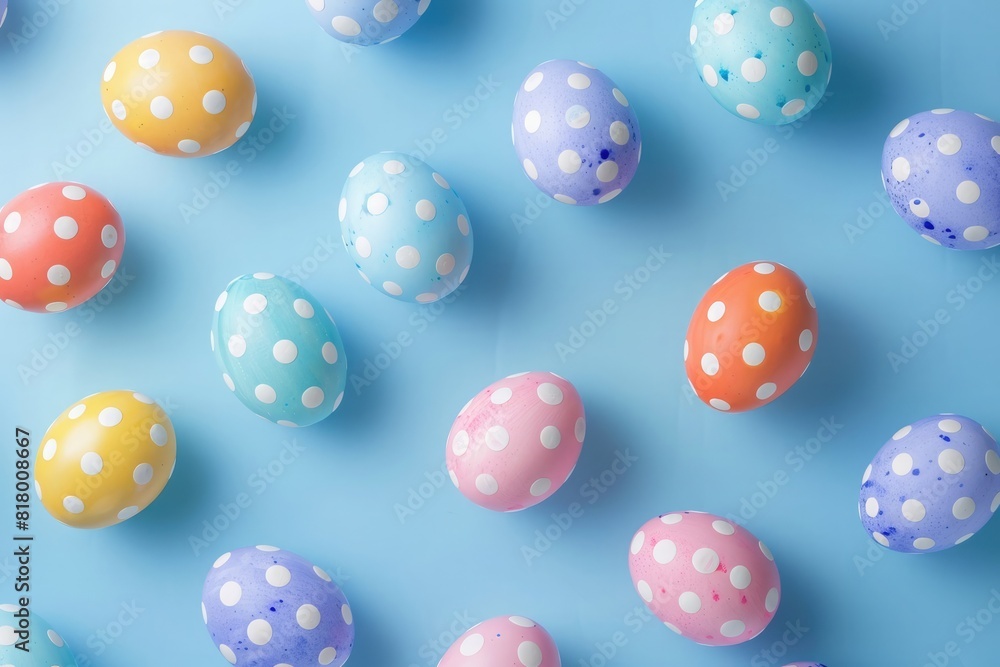 Colorful polka dot Easter eggs on pastel blue background, flat lay, top view, pattern