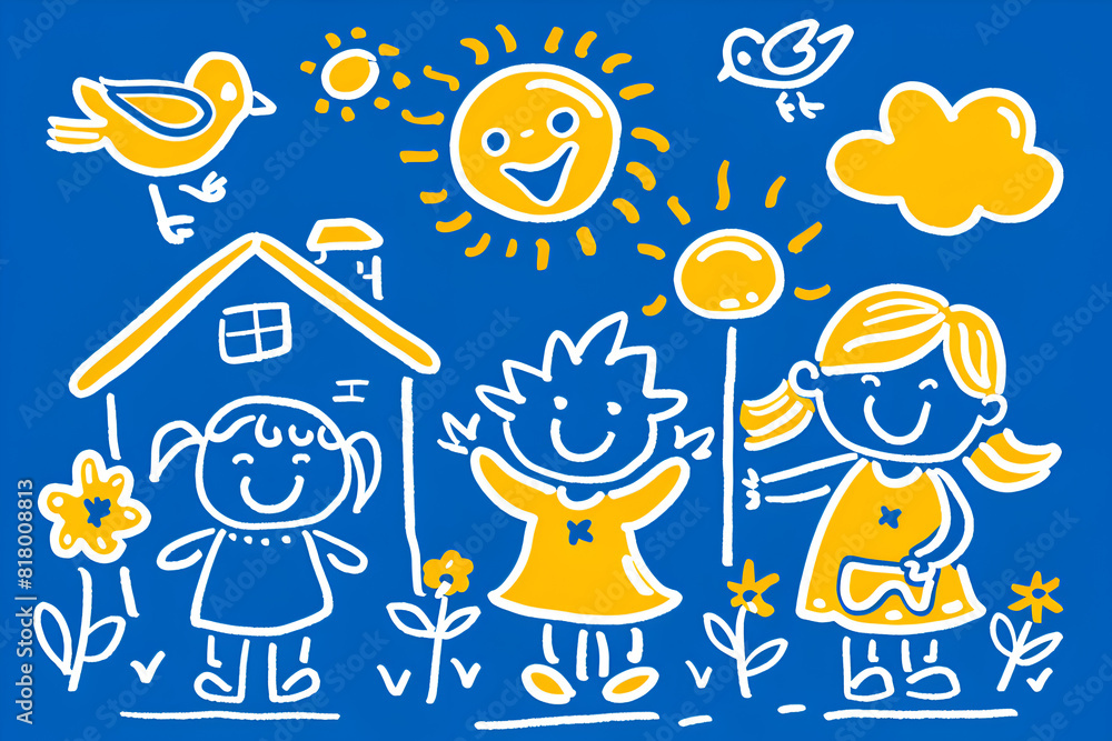 A blue and yellow drawing of children and animals, including a duck, a flower, and a sun A blue and yellow drawing of children and animals, including a duck, a flower, and a sun