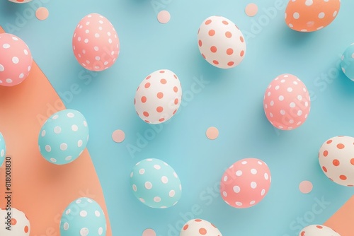 Colorful polka dot Easter eggs on a pastel background in a flat lay. Top view. Minimal concept. Flat design style. Abstract geometric shapes and patterns