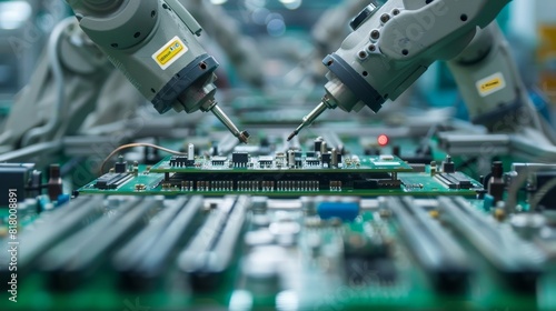 Precision and automation at the forefront as robotic arms solder tiny components onto motherboards, a snapshot of modern industrial efficiency in electronics manufacturing photo