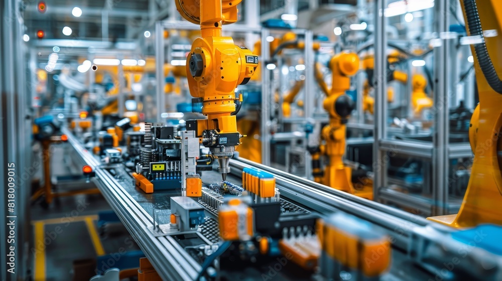 Time-lapse style image of an electronics assembly line, capturing the dynamic movement of components and machinery Time-lapse style image of an electronics assembly line, capturing the dynamic movement of components and machinery
