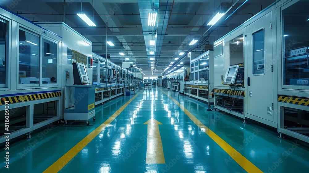 Inside an industrial factory specializing in electronic devices, showcasing the calculator production line under bright lighting Inside an industrial factory specializing in electronic devices, showcasing the calculator production line under bright lighting