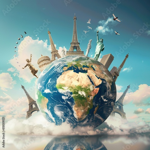 The image is a photomontage of the Earth with famous landmarks from around the world, including the Eiffel Tower, the Taj Mahal, and the Colosseum.