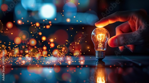 The image is of a hand reaching out to touch a glowing light bulb.
