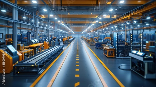 Inside an industrial factory specializing in electronic devices  showcasing the calculator production line under bright lighting